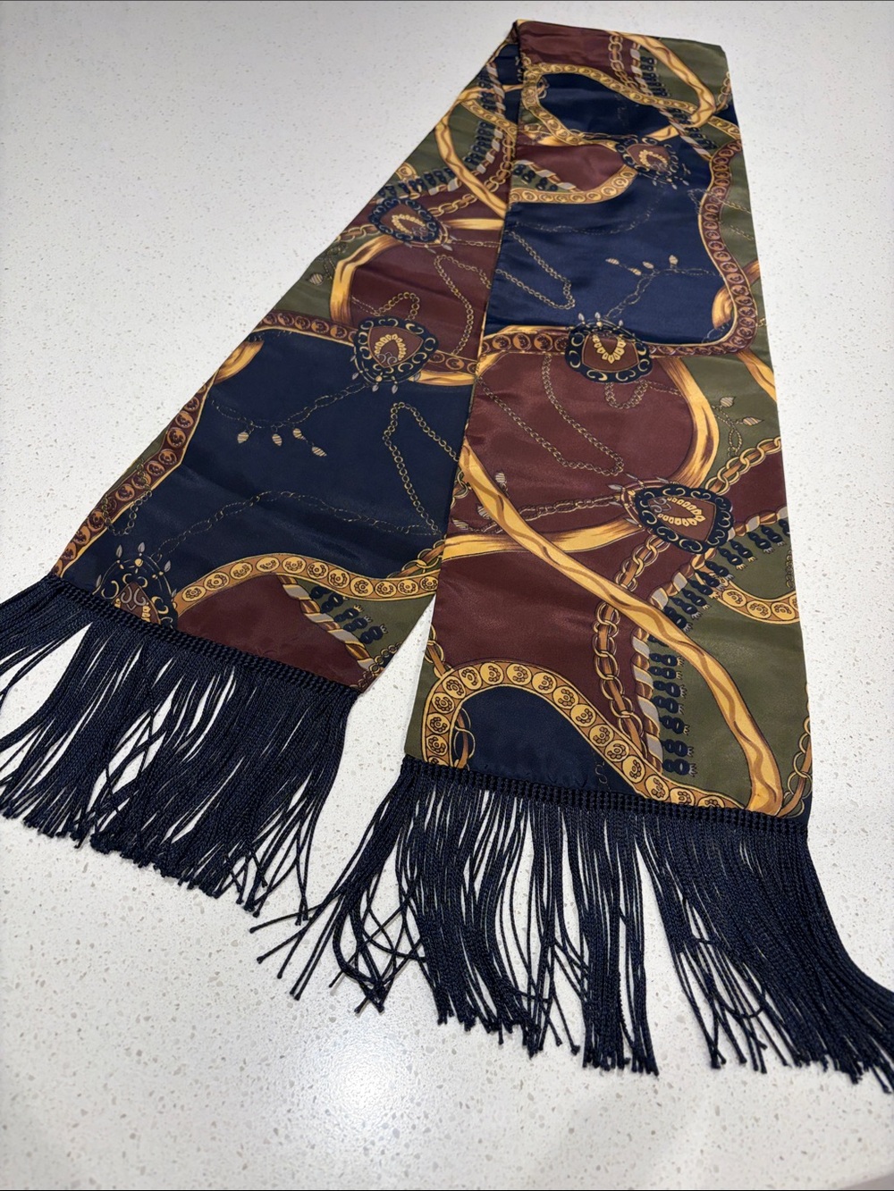 Equestrian Dress Scarf with Navy Blue Fringe.
